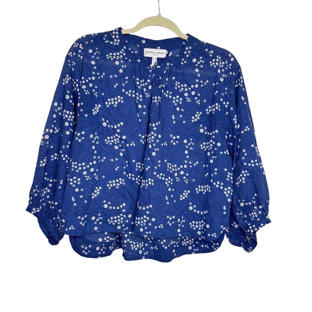 Apiece Apart Blouse Womens Large Blue Floral Henley Tunic Long Sleeve Boho